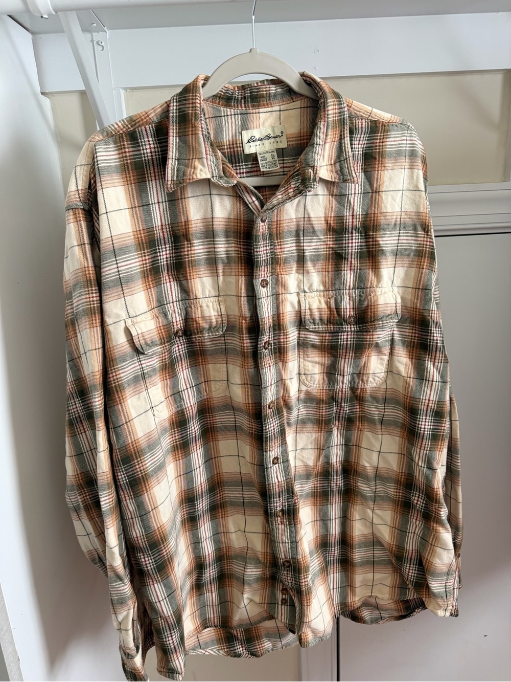 Men's Eddie Bauer Tan Brown Plaid Flannel Shirt Size XL Tall